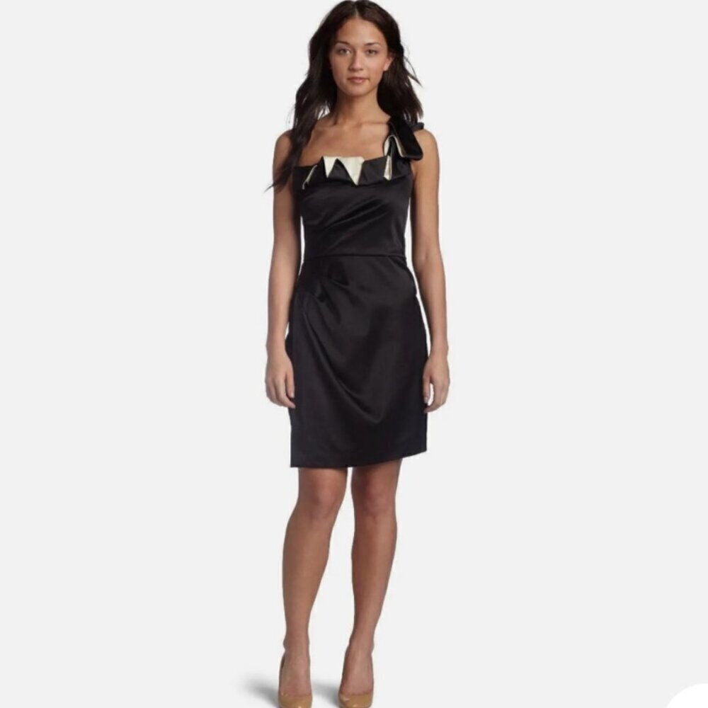 Max and Cleo Black & Cream Pleated Neck One Shoulder Cocktail Dress, Size 4